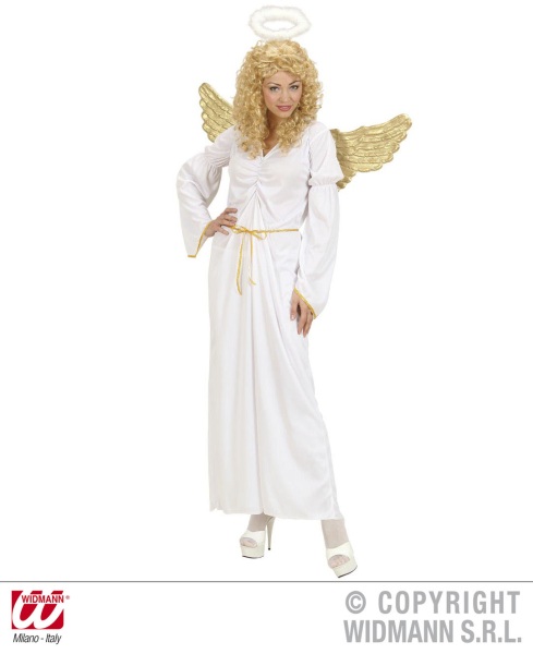 strój aniołka na święta karnawał - złote skrzydła, aureola, długa biała sukienka