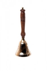 duży mosiężny dzwonek z drewnianą rączką, dzwonek Mikołaja