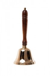 bardzo duży mosiężny dzwonek z drewnianą rączką, dzwonek Mikołaja